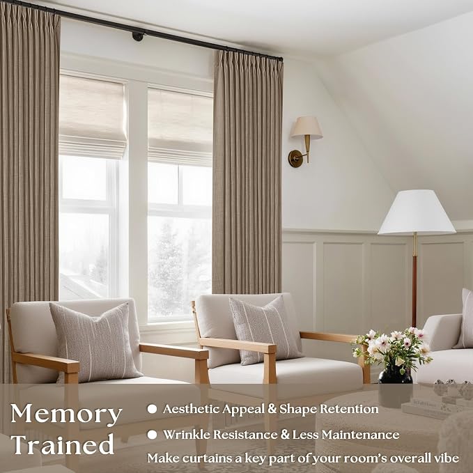 TWODRAPES Light Brown Linen Curtains Pinch Pleated Living Room Bedroom Dining Boho Light Filtering Pinch Pleat Drapes Hooks Rings Back Tab Semi Sheer Tan Latte Coffee Color Window Curtains 2 Panels