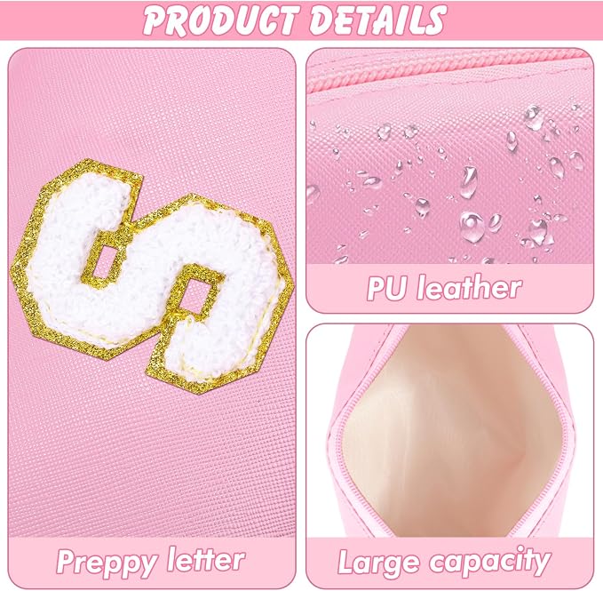 URSKYTOUS Patch Makeup Bag Travel Small Cosmetic Bag Pink PU Makeup Pouch Zippered Personalized Preppy Initial Skin Care Stuff Bag for Women Birthday Gift Teen Girl Gifts Trendy Stuff(S)