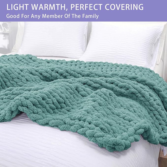 Bigacogo Chunky Knit Throw Blanket for Couch, 51x63 inches, Light Teal | Hand Knit with Jumbo Chenille, Soft Breathable Cable Knit for Sofa Bed Living Room, Machine Washable, Gift for Mom Friend