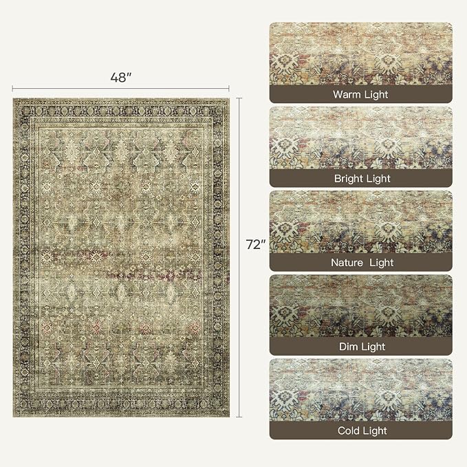 4x6 Area Rugs for Entryway, Brown Washable Non-Slip Area Rug for Kitchen | Low Pile Soft Small Rugs, Vintage-Style Carpet for Bathroom Bedroom Tool Room, Stain Resistant, Foldable Distressed Rug
