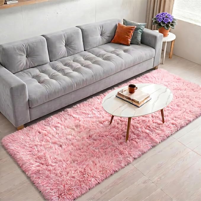 Pink Runner Rugs for Girls Bedroom, Plush Fluffy Hallway Rug 2x6 Ft, Kawaii Vibrant Carpet for Living Room, Non-Slip Long Bedside Rugs,Girls Nursery Kids Girls Princess Room Decor Aesthetic Light Pink