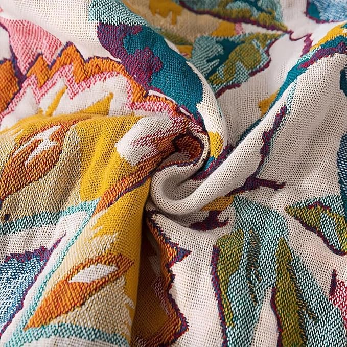 Boho Throw Blanket for Bed 100% Cotton Bohemian Blankets Ultra Soft Woven Muslin Decorative Blankets All Seasons Vintage Quilt Knitted Blanket for Sofa Chair(Beige, 50"x60")