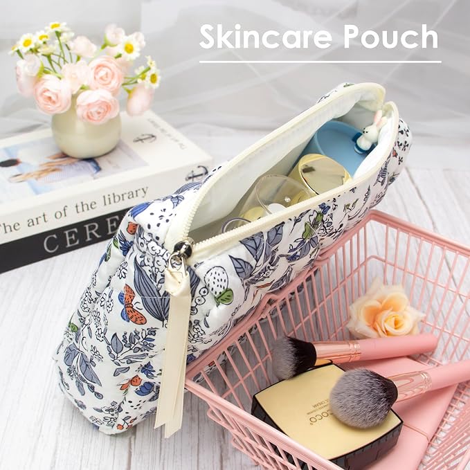 PAZIMIIK Quilted Makeup Bag Large Travel Zipper Soft Cosmetic Pouch for Women Girls Make Up,Leaf White