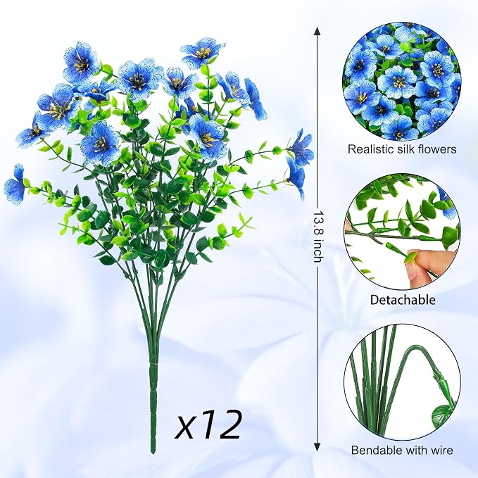 Ouddy Decor 12 Pcs Artificial Flowers for Outdoors Decorations, Blue | Lifelike silk flowers, UV resistant, faux plastic plants, for garden porch window table vase home indoor outdoor decor
