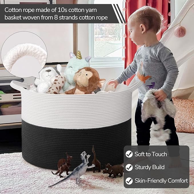 INDRESSME 115L Extra Large Woven Rope Blanket Basket Living Room WhiteBlack | 23.6" x 15.7" Storage baskets for toys laundry & pillows. Fits living room, bedroom or nursery décor. Soft-touch with handles