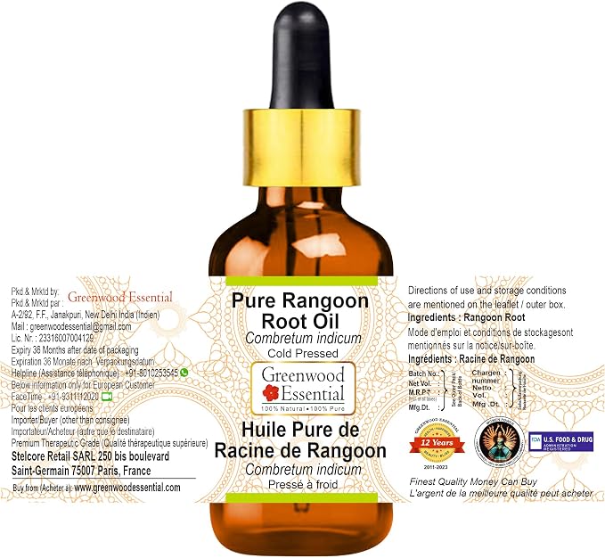 Greenwood Essential Rangoon Root Oil (Combretum indicum) with Glass Dropper | Cold Pressed | Natural | Undiluted | For Diluting Essential Oils | For Skin & Massage | Men & Women | 10ml (0.33 oz)