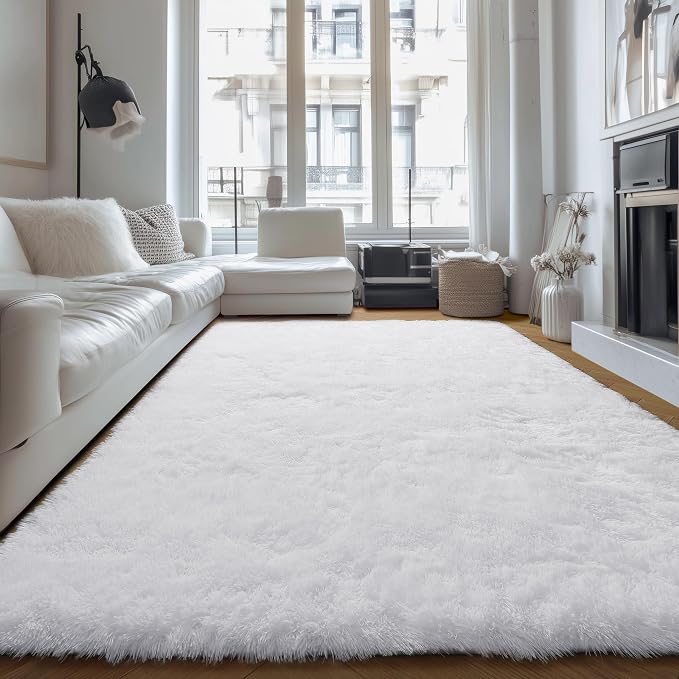 PAGISOFE Fluffy Shaggy Area Rug 5x8, Plush Rugs for Living Room, Fuzzy Rug for Nursery, Furry Rugs for Girls Boys Bedroom, Shag Carpet for Dorm Room, Soft Rug for Kids Playroom Decor,Office White