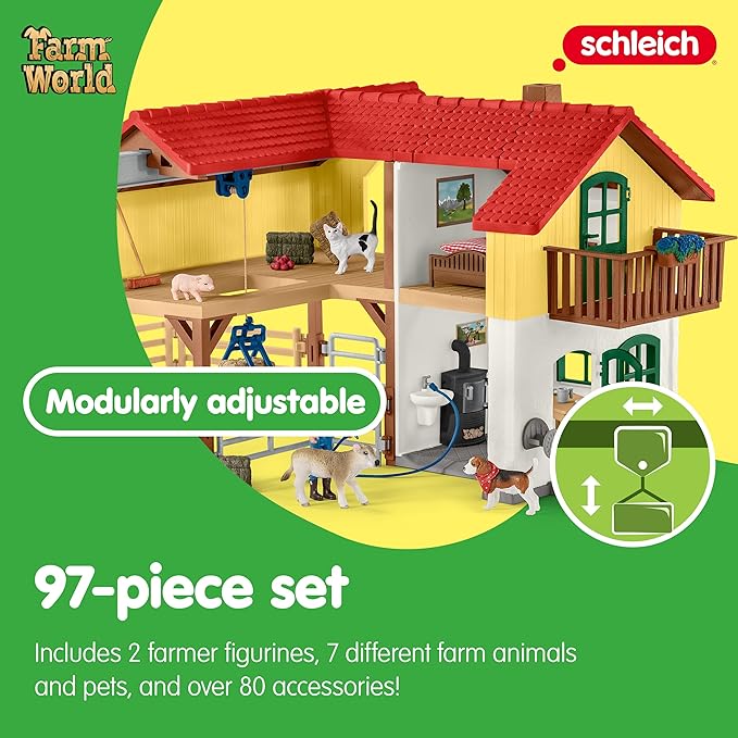 Schleich Farm World - 97 PC Toy Farm House Playset for Kids - Includes Farmhouse, 2 Farmer Figurines, Pets and Barnyard Animal Figures - Fun, Educational Toys for Boys and Girls Ages 3+ | 42407