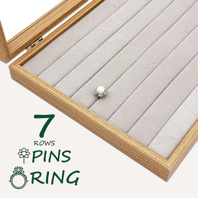 Wooden Travel Jewelry Box w. Tempered Glass Display Lid - Rings Storage - 7-Rows Velvet Organizer (Natural Oak) by The Display Guys