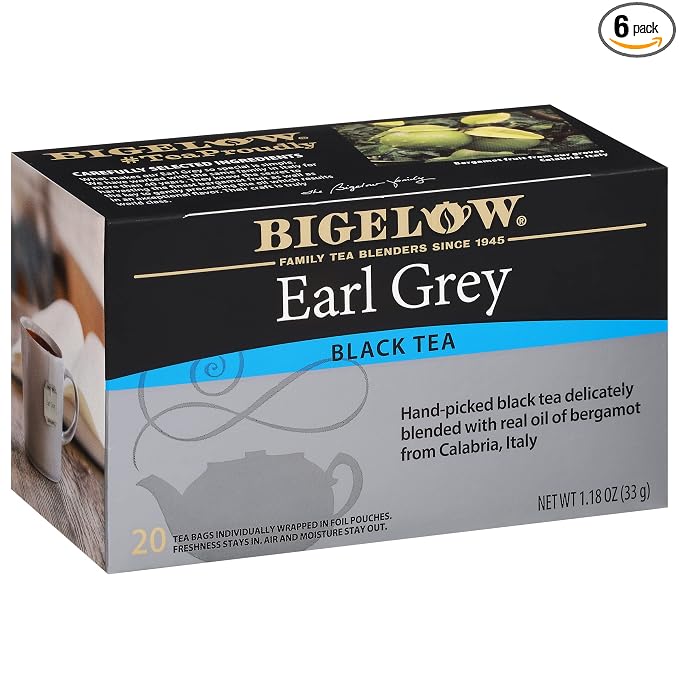 Bigelow Tea Earl Grey Flavored Black Tea, Kosher, 20 Bags, 1.18 Ounces (Pack of 6)