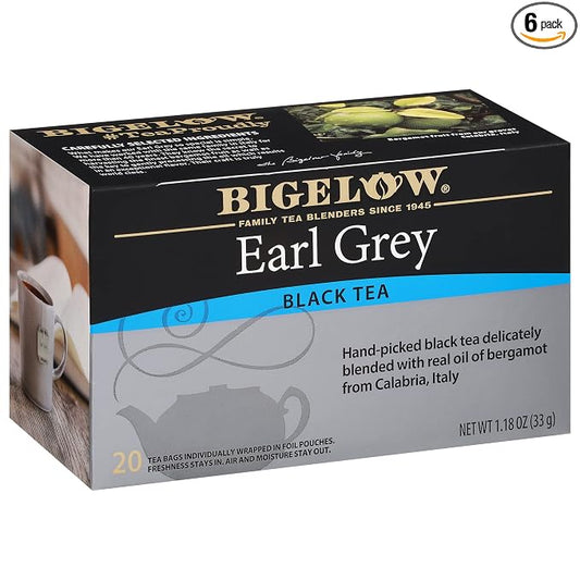 Bigelow Tea Earl Grey Flavored Black Tea, Kosher, 20 Bags, 1.18 Ounces (Pack of 6)