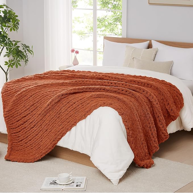 L'AGRATY Chunky Knit Throw Blanket for Couch, 50 x 60 Inches, Rusty Orange | Handmade Chenille Crochet Blanket for Sofa Bed, Thick Cable Knitted Blankets for Room Home Decor, Birthday Gift for Women Mom