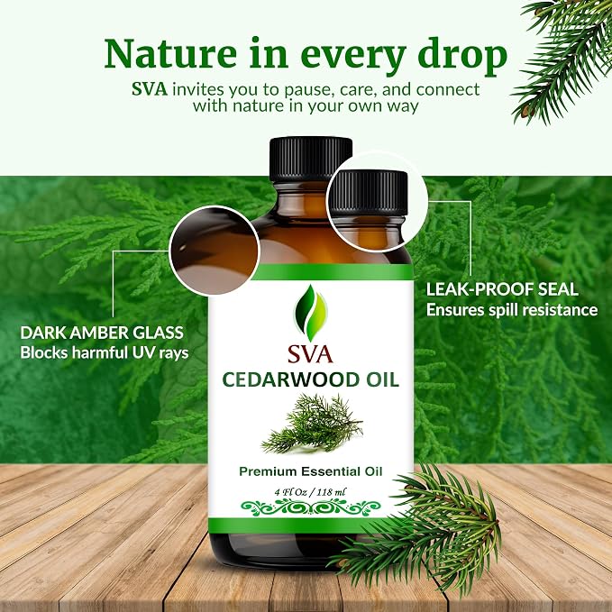 SVA Cedarwood Essential Oil 4 Fl Oz – for Diffuser, Skin & Hair Care – Ideal for Massage & DIY Blends - with Dropper