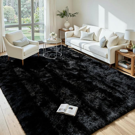 5x7 Area Rug for Living Room, Ultra Soft Fluffy Black Rugs for Bedroom, Non Slip Large Shag Carpet, Fuzzy Plush Nursery Rug, Thick Washable Indoor Floor Carpets for Kids Office Dorm Home Decor