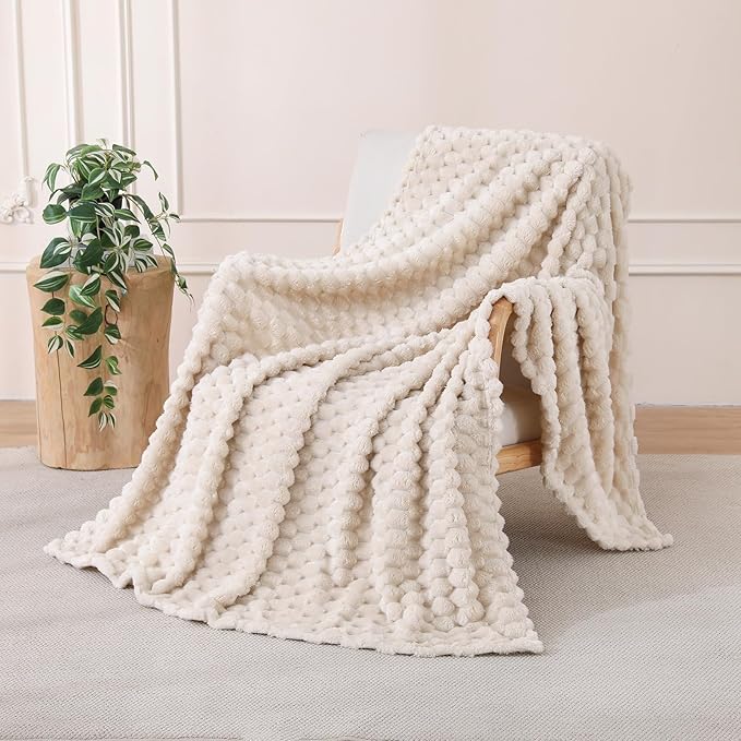 Cream Fleece Throw Blanket 50”×60” for Couch Sofa Bed | Super Soft Cozy Plush Microfiber Flannel Blanket with 3D Jacquard Decorative Lightweight for Mom Woman
