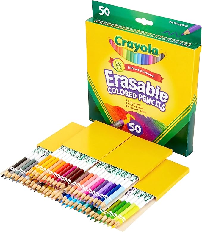 Crayola Erasable Colored Pencils (50ct), Bulk Colored Pencil Set, Pencils for Adult Coloring Books, Art Supplies, Holiday Gift for Teens, 6, 7, 8 [Amazon Exclusive]