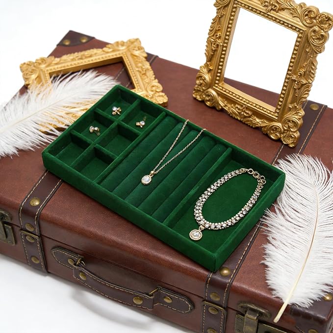 Velvet Jewelry Organizer Tray, Dark Green 3-in-1 | Stackable Jewelry Storage Display Tray with Removable Dividers for Drawer Dresser Cloest Organizer