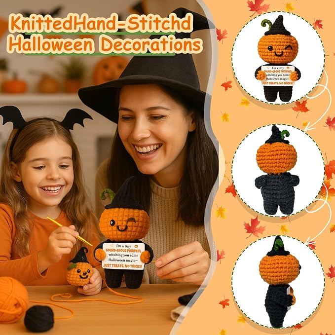 MAMAGIFTREE Halloween Crochet Pumpkin Witch Plush - Amigurumi Tiered Tray Decor - Spooky Cute Gothic Home Decor & Witchy Gifts - Handmade Fall Pumpkin Figurine