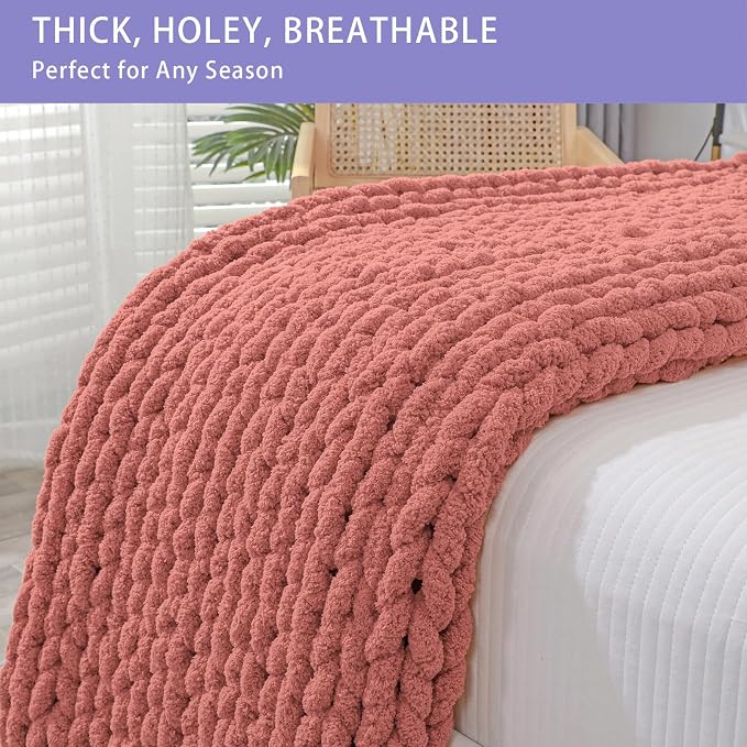 Bigacogo Chunky Knit Throw Blanket for Couch, 40x40 inches, Antique Red | Hand Knit with Jumbo Chenille, Soft Breathable Cable Knit for Sofa Bed Living Room, Machine Washable, Gift for Mom Friend