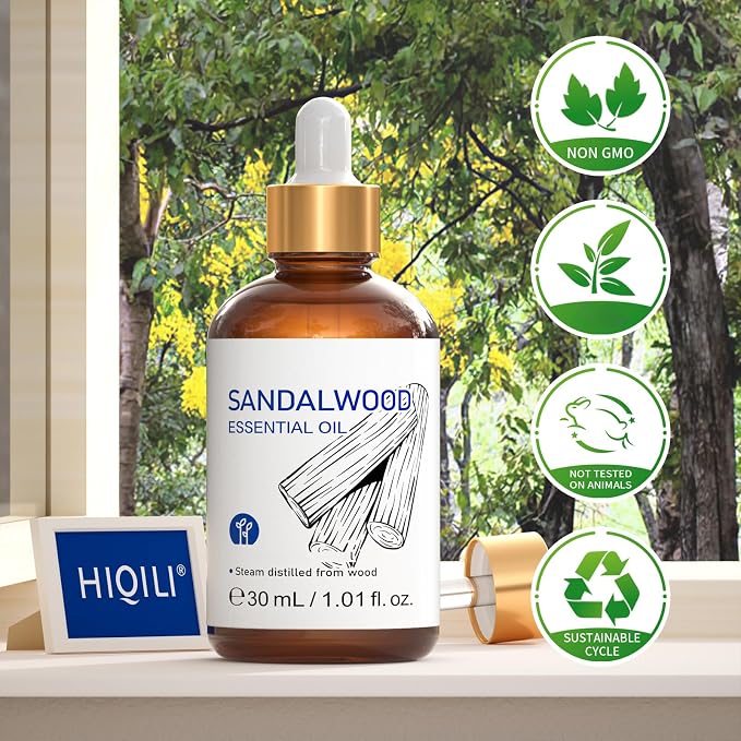 HIQILI Sandalwood Essential Oils 1 Fl Oz, for Skin, Diffuser, Perfume, Candle Soap Making, Includes Premium Quality Glass Dropper | Versatile for Perfume, Hair Care & Room, Soothes Mind, Moisturizes, Deodorizes Laundry - 30mL / 1.01 fl.oz