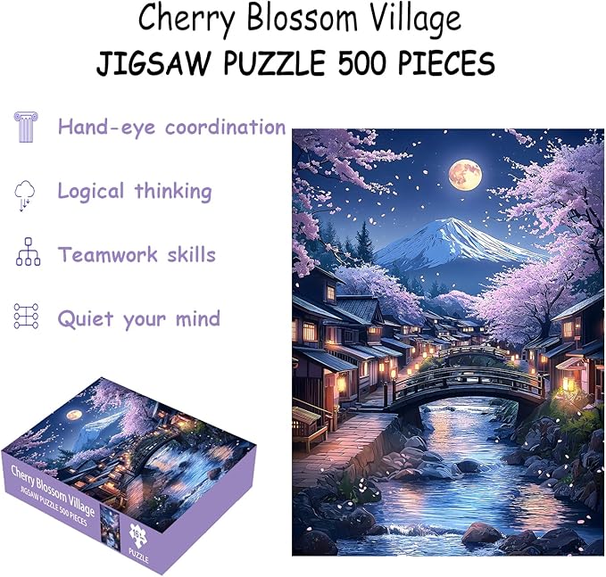 Puzzles for Adults 500 Pieces, Cherry Blossom Jigsaw Puzzles - Cherry Blossom Village, Impossible Unique Puzzle for Seniors Family, 20.47 x 14.96 inches, 1:1 Poster, Letter on The Back