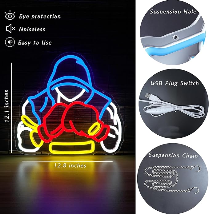 Boxer Neon Sign Boxing Gifts for Men Dimable LED Boxing Neon Light for Sports Rooms Gym Decor and Man Cave Perfect Boxing Gifts for Men Boxing Lovers Fight Fans and Athletes(12.8×12.1inch)