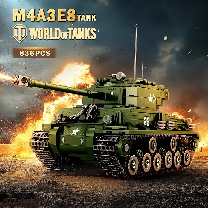 M4A3E8 Sherman Tank Building Set,WW2 Military American Armed Tanks Building Block Set for Military Fans,World of Tanks Authorized Products 77030,Ideal Gift for Adults Boys Kids Age 8+,836 PCS
