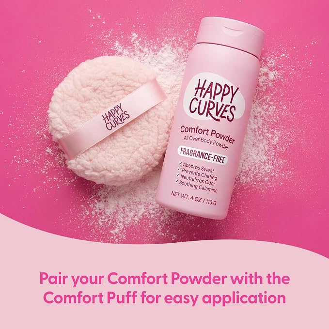 HAPPY CURVES Comfort Powder: Talc Free Anti Chafe Body & Foot Dusting Powder Deodorant to Control Inner Thigh Chafing, Private Areas, and All Over Body for Women (4 Ounce (Pack of 1), Fragrance-Free)