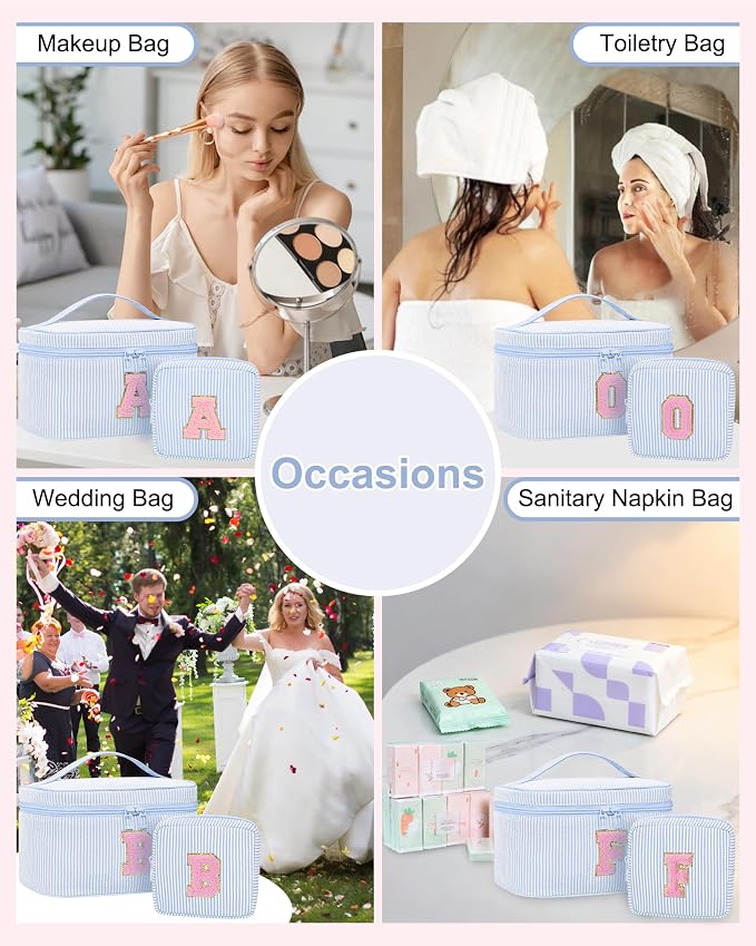 MONSTINA Initial Makeup Bag Cosmetic Bag Bridal Shower Gifts - Bridesmaid Proposal Gifts for Wedding Day,Maid Matron of Honor Gift, Bride to be Gifts,Bachelorette Party Favors,2PCS,Blue N