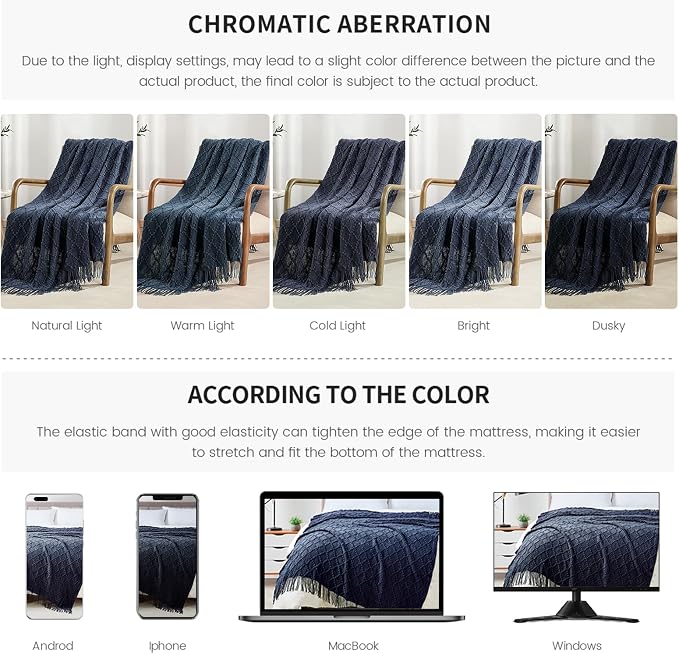 BOURINA Navy Throw Blanket 50 x70 Inch Jacquard Throw Knitted Blanket | Jacquard Argyle Throw Textured Solid Soft Throws and Blankets for Sofa or Bed Knitted Decorative Blanket