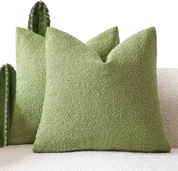 Foindtower Pack of 2, Decorative Textured Boucle Throw Pillow Covers Neutral Accent Solid Pillow Cases Soft Couch Cushion Case for Chair Sofa Bedroom Living Room Home Decor 22x22 Inch Leaf Green