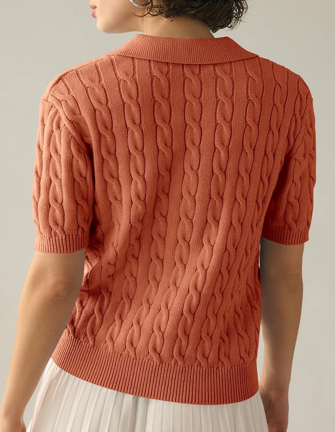 Imily Bela Womens Cable Short Sleeve Sweaters Tops Lapel V Neck Knit Shirt | Solid,Knit Casual,Soft Pullover,Fall Sweaters,Womens Summer Work Tops