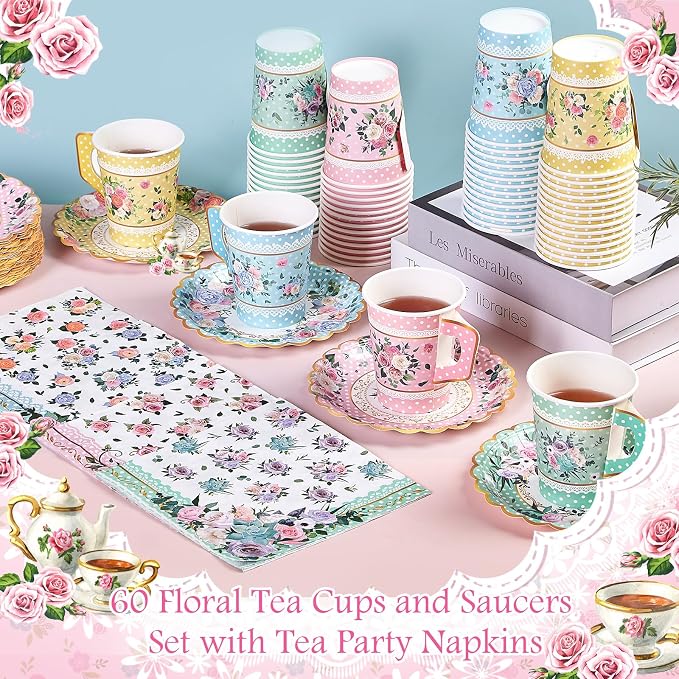 SUMMORO 180 Pcs Floral Paper Tea Cups and Plates 9 OZ Disposable Paper TeaCups and Saucers with Tea Party Napkins Set for Tea Party Decoration Birthday Wedding Bridal Shower Party Supplies