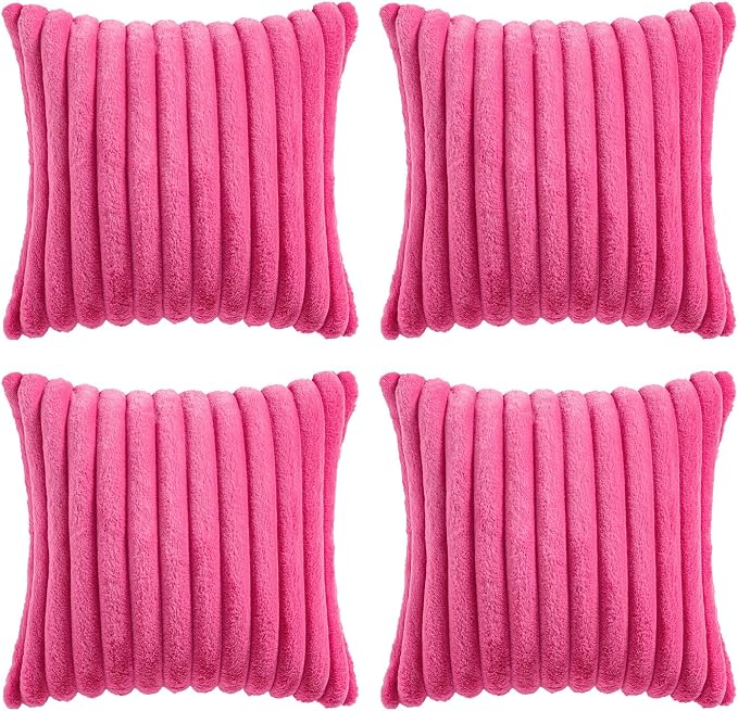 MIULEE Faux Fur Plush Decorative Throw Pillow Covers 20x20, Hot Pink | Set of 4, Striped, Soft Romantic Modern Cozy Home Decor, Cushion Cases for Sofa Couch Bed Living Room