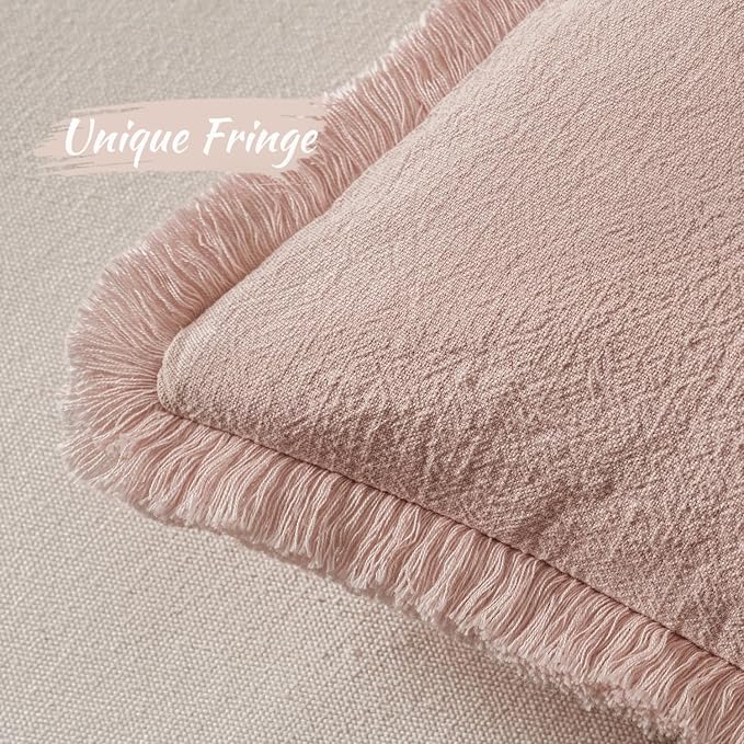 MIULEE Boho Linen Fringe Decorative Throw Pillow Covers Light Pink 20x20 | Set of 2, Cottagecore Decor, Boho Farmhouse Neutral Pillow Covers, Rustic Couch Cushion Cases for Sofa Bed Living Room