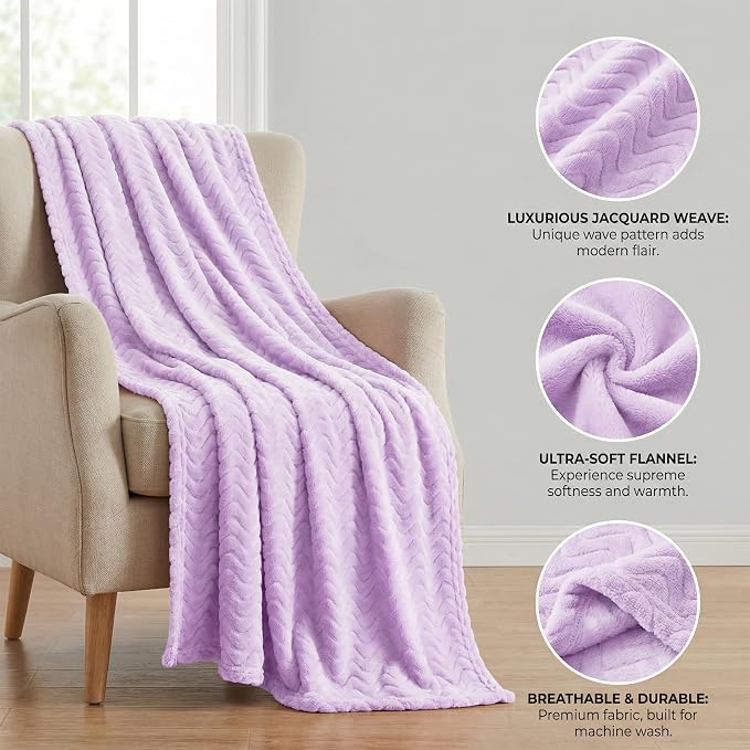Exclusivo Mezcla Soft Fleece Blanket King Size for Bed, Sofa, Lilac Purple | 90"x104" Breathable Lightweight Flannel Blanket for Summer, Plush Cozy Jacquard Wave for Home Decor
