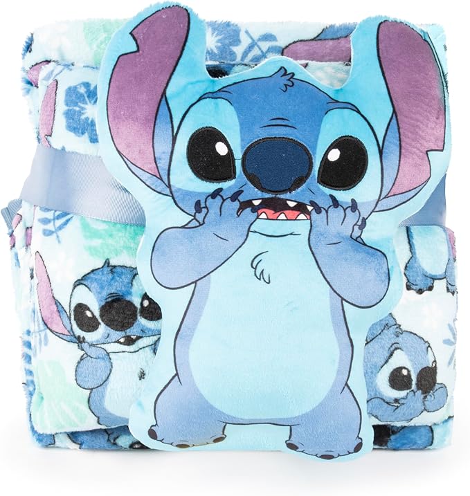 Jay Franco Kids 3 Gift Set – 12" Shaped Character Pillow, 12" Decorative Pillow & 40" x 50" Throw Blanket, Ultra-Soft Plush Bedding, Couch Décor & Holiday Travel Set, Blue - Stitch