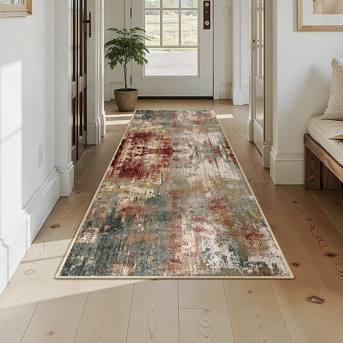 RELEANY Washable Runner 3'x8' Abstract Area Rug for Hallway Rustic Brown | carpet for kitchen, entryway, bathroom, living room, bedroom, printed pattern, non-slip, soft, stain-resistant, easy to clean