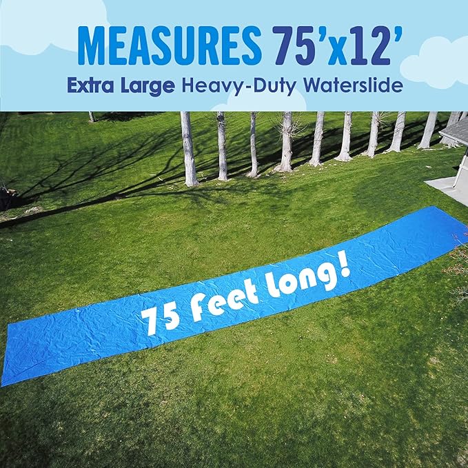 Backyard Blast - 75' X 12' Heavy Duty Waterslide - Includes 2 Riders, Sprinkler, Carrying Bag - Extra Thick to Prevent Tears & Rips - Easy to Assemble