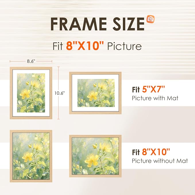 8x10 Picture Frame Set of 2, Photo Frame with HD Plexiglass, Display Pictures 5x7 with Mat or 8x10 Without Mat Multi Picture Frames Collage for Tabletop or Wall Display, Natural