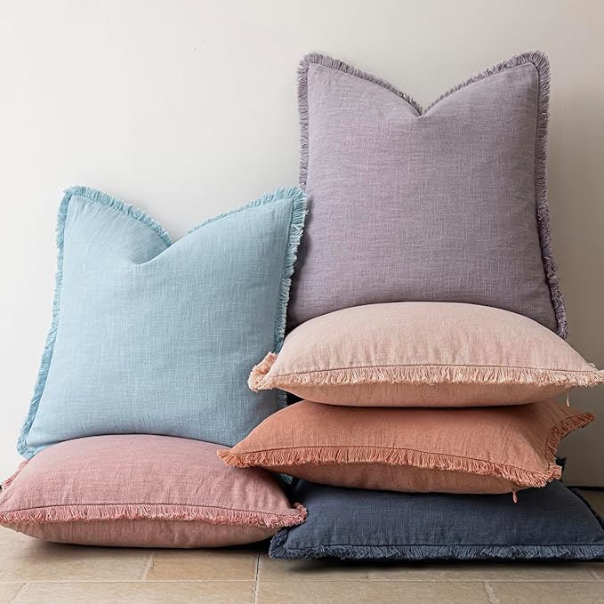 Foindtower Set of 2 Decorative Linen Fringe Throw Pillow Covers Cozy Boho Farmhouse Cushion Cover with Tassels Soft Accent Pillowcase for Couch Sofa Bed Living Room Home Decor,20×20 Inch,Light Blue