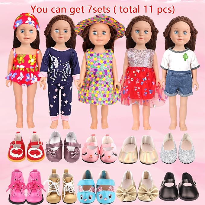 14 Pcs 18 Inch Doll Accessories,5 Sets Clothes and 2 Pairs of Doll Shoes (Send by Random) for 18 Inch American Doll, Best Birthday Festivals for Kid, Gril -2