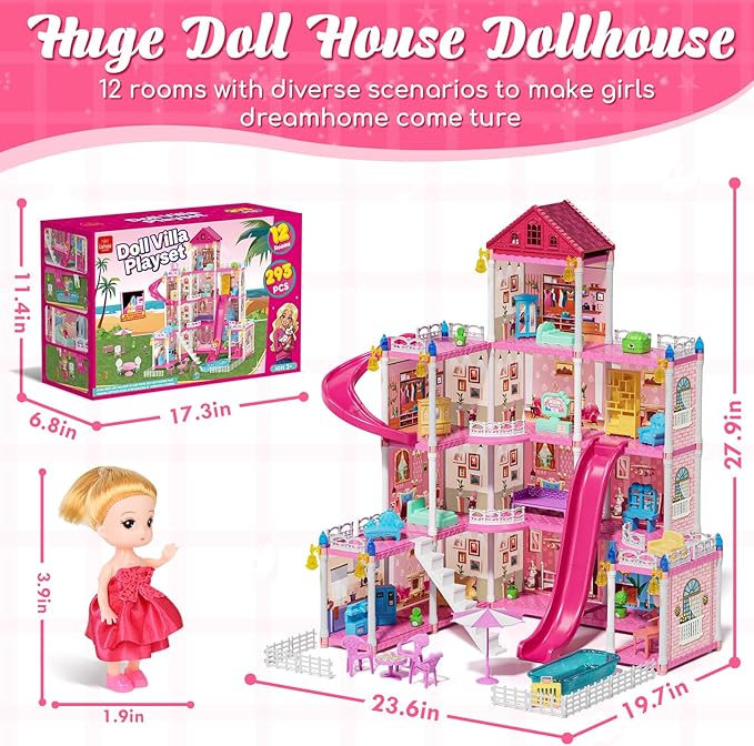 Lehoo Castle Doll House Dreamhome, 4-Story 12 Rooms Dollhouse Playhouse with Doll and Furniture, Pretend Dream Dollhouse Playset Pink Girl Toys, Sturdy Construction, Easy to Move, Ideal Gift Toy
