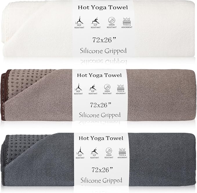 Hahafelt 3 Pack Hot Yoga Towel Non Slip 72" x 26" Extra Large Microfiber Yoga Mat Towel with Grip Dot Absorbent Sweat Anti-Slip Mat Cover for Pilates Fitness(Beige Dark Gray Coffee)