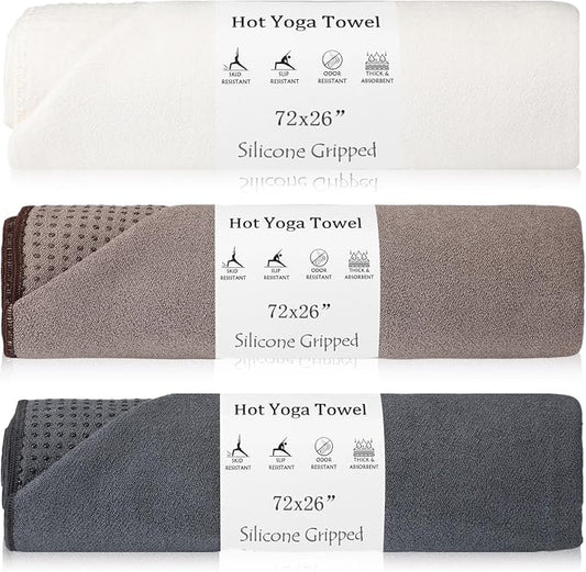 Hahafelt 3 Pack Hot Yoga Towel Non Slip 72" x 26" Extra Large Microfiber Yoga Mat Towel with Grip Dot Absorbent Sweat Anti-Slip Mat Cover for Pilates Fitness(Beige Dark Gray Coffee)