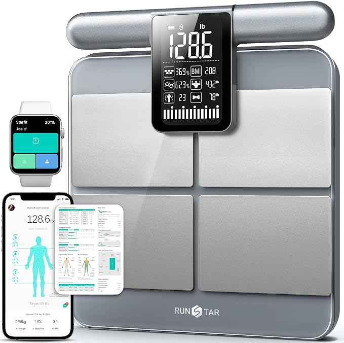 RunStar 8-Electrode Scale for Body Weight, Accurate Body Composition Scale with BMI Body Fat Muscle Mass 50+ Metrics, Rechargeable Body Analyzer with Large Screen Handle, 400lb, Silver