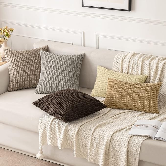 MIULEE Lumbar Corduroy Decorative Throw Pillow Covers 12x20 Beige Pack of 2 | Soft Boho Striped Pillow Covers Modern Farmhouse Home Decor For Sofa Living Room Couch Bed