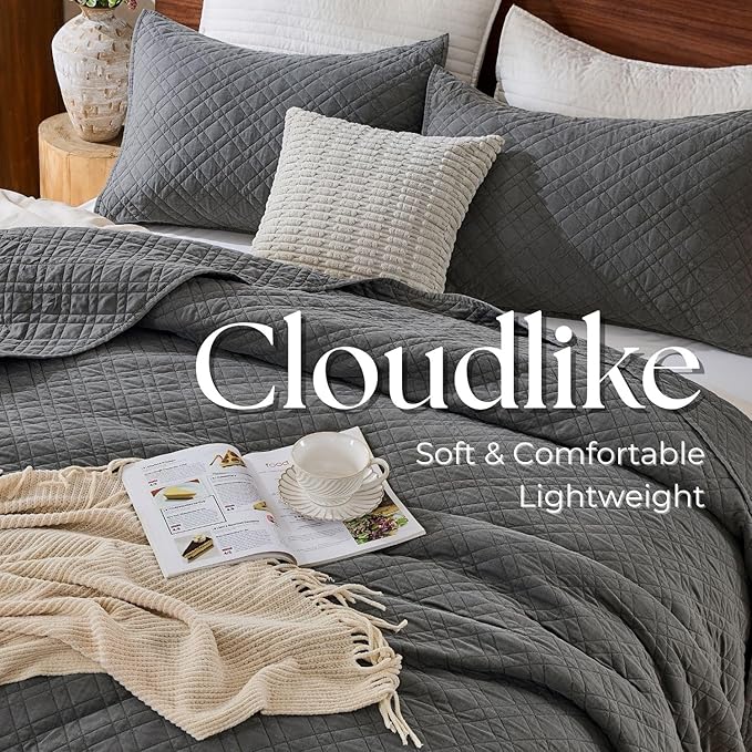 Queen Quilt Set with Shams Lightweight Quilted Bedspread Coverlet Thin Comforter Bed Cover Vintage Washed Quilted Blanket for All Season, Brushed Microfiber Diamond Stitching, Ash Gray, 88"x92"