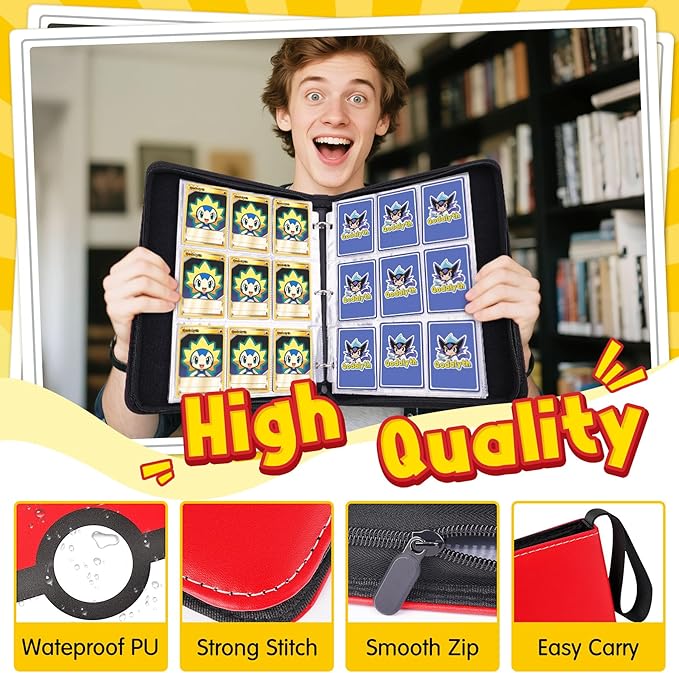 9 Pocket Card Binder with Zipper, Holds 900 Cards, PU Trading Card Album with 5 Hard Plastic Sleeves,Double-Sided Design. Great for Game Cards and sport card