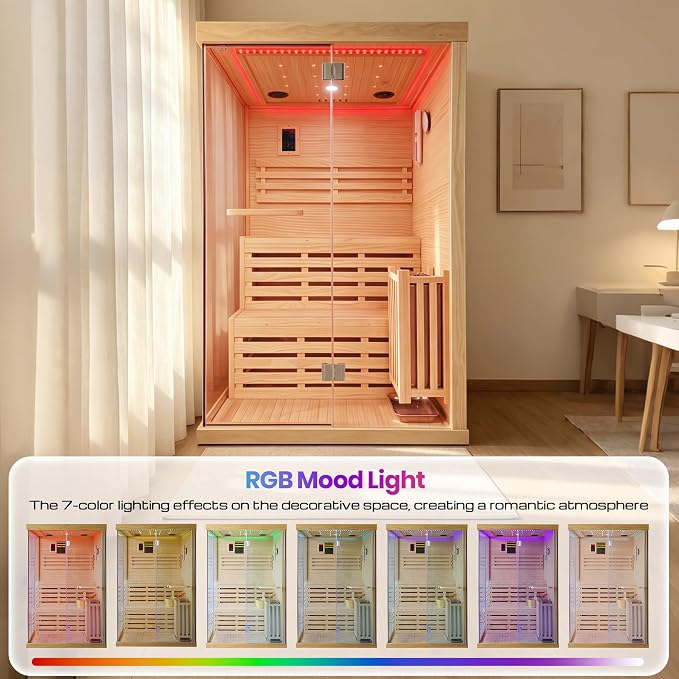 OUTEXER 2-3 Person Steam Sauna Traditional Saunas Home Spa Room Wet Indoor Saunas 7 Color LED Lights with 240V 3KW Heater,Sauna Stone,Wooden Bucket,Spoon,Thermometer,Hourglass,Cup Holder